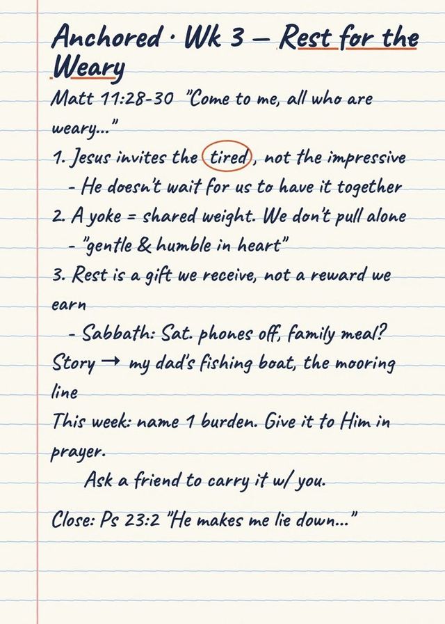 Handwritten sermon outline on lined paper