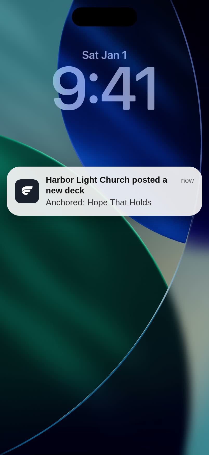 A lock screen notification: Harbor Light Church posted a new deck