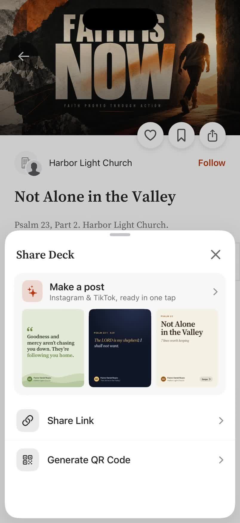 The share sheet with Make a post, Share Link and Generate QR Code